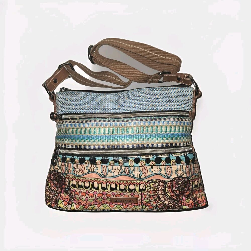 SAKROOTS Printed Triple Zip Crossbody Blue Multi 12x9.5x2 - Picture 4 of 10